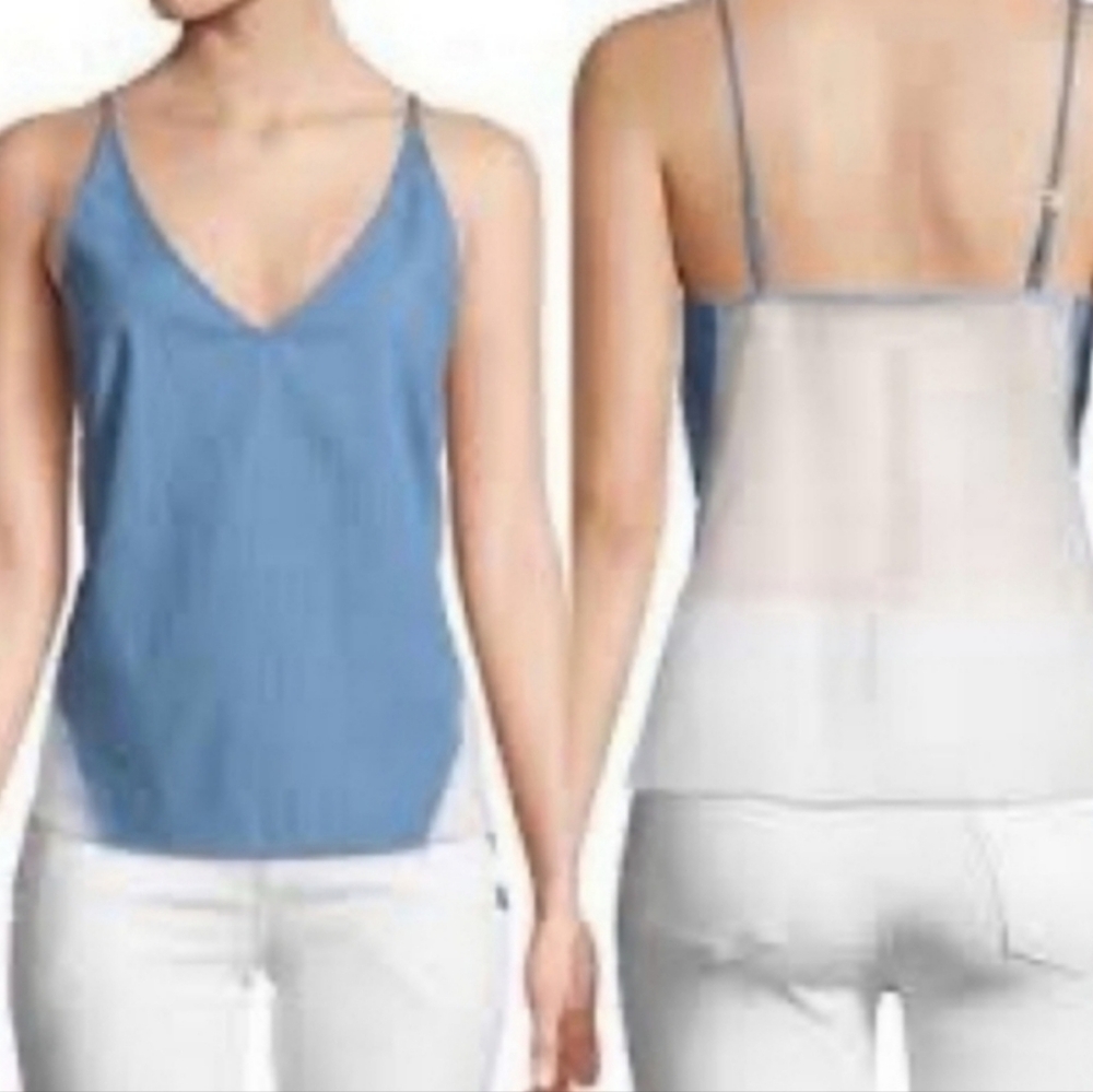 J Brand Chambray Denim Front Sheer Back Wishful Camisole Tank Top, XS